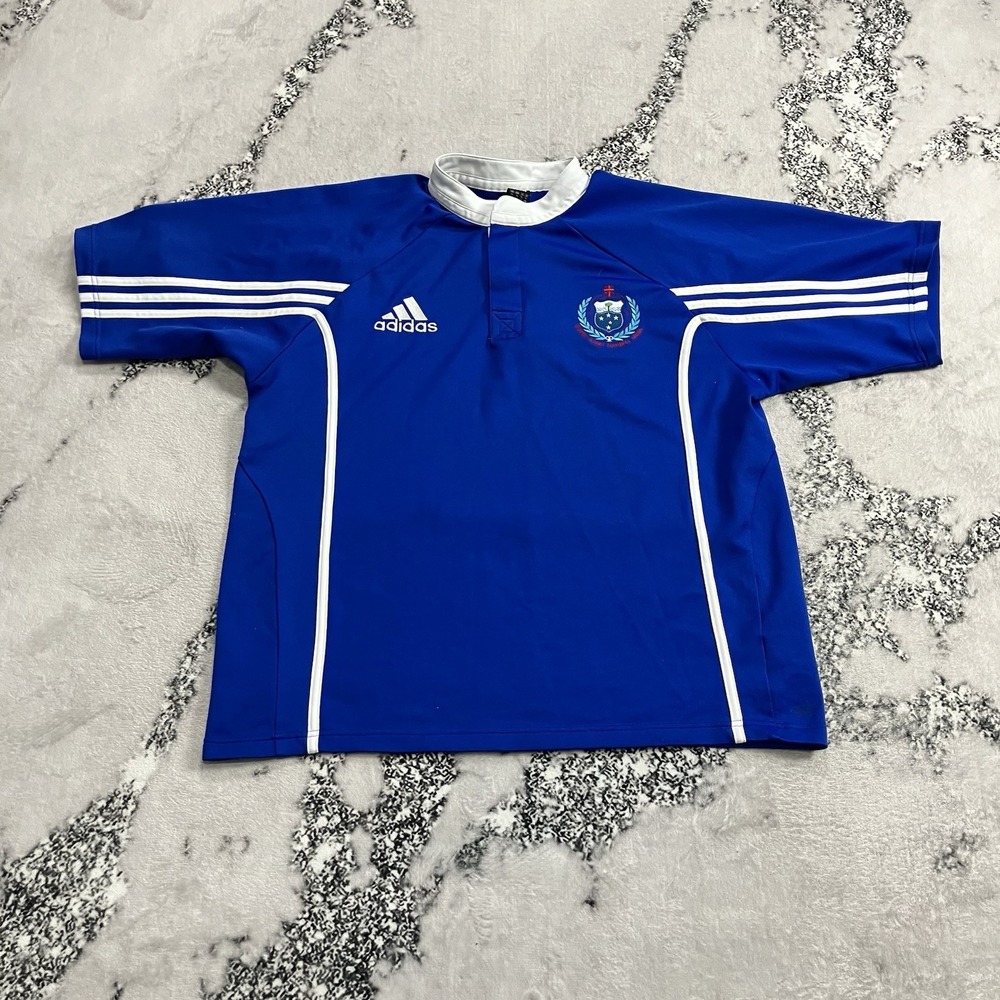 Adidas Samoa Rugby Jersey Mens Size XL Blue White Short Sleeve Embroidered Crest